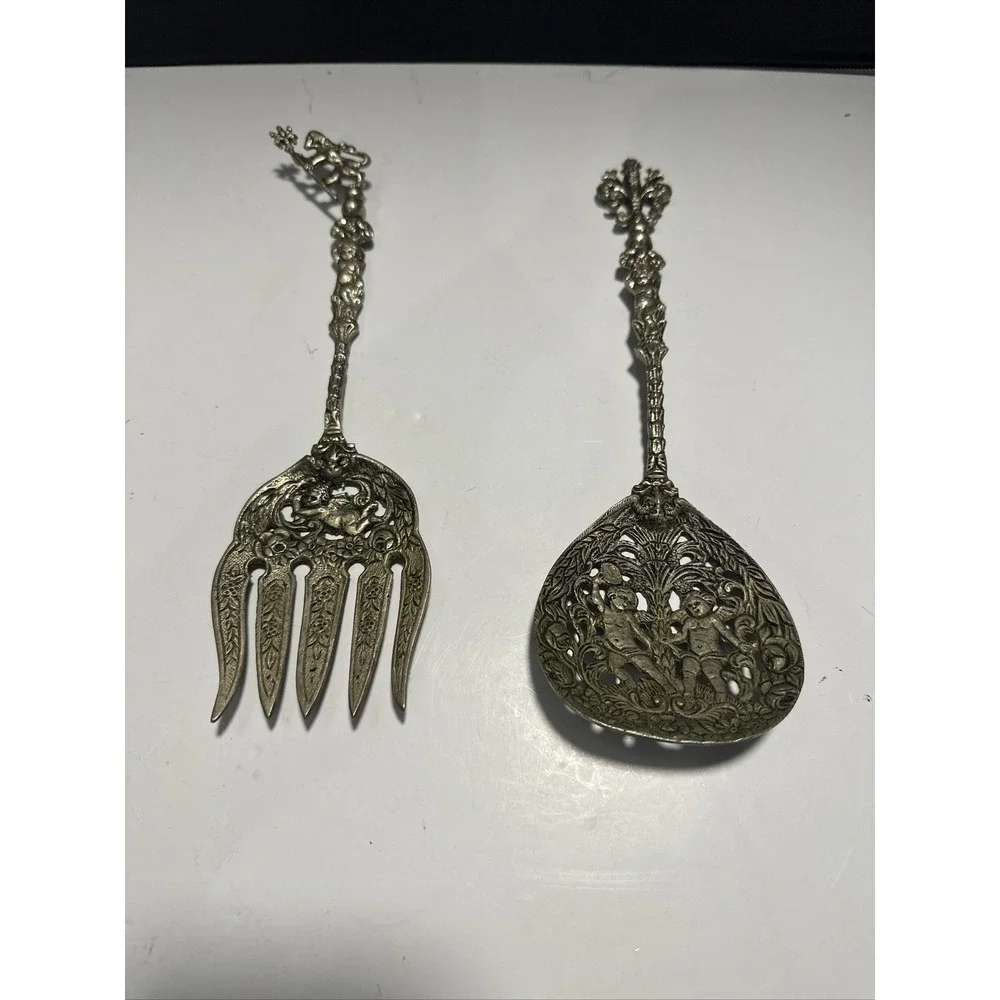 Silverplate Cherub Angel Cupid Serving Fork & Spoon Intricate Pattern 9.5